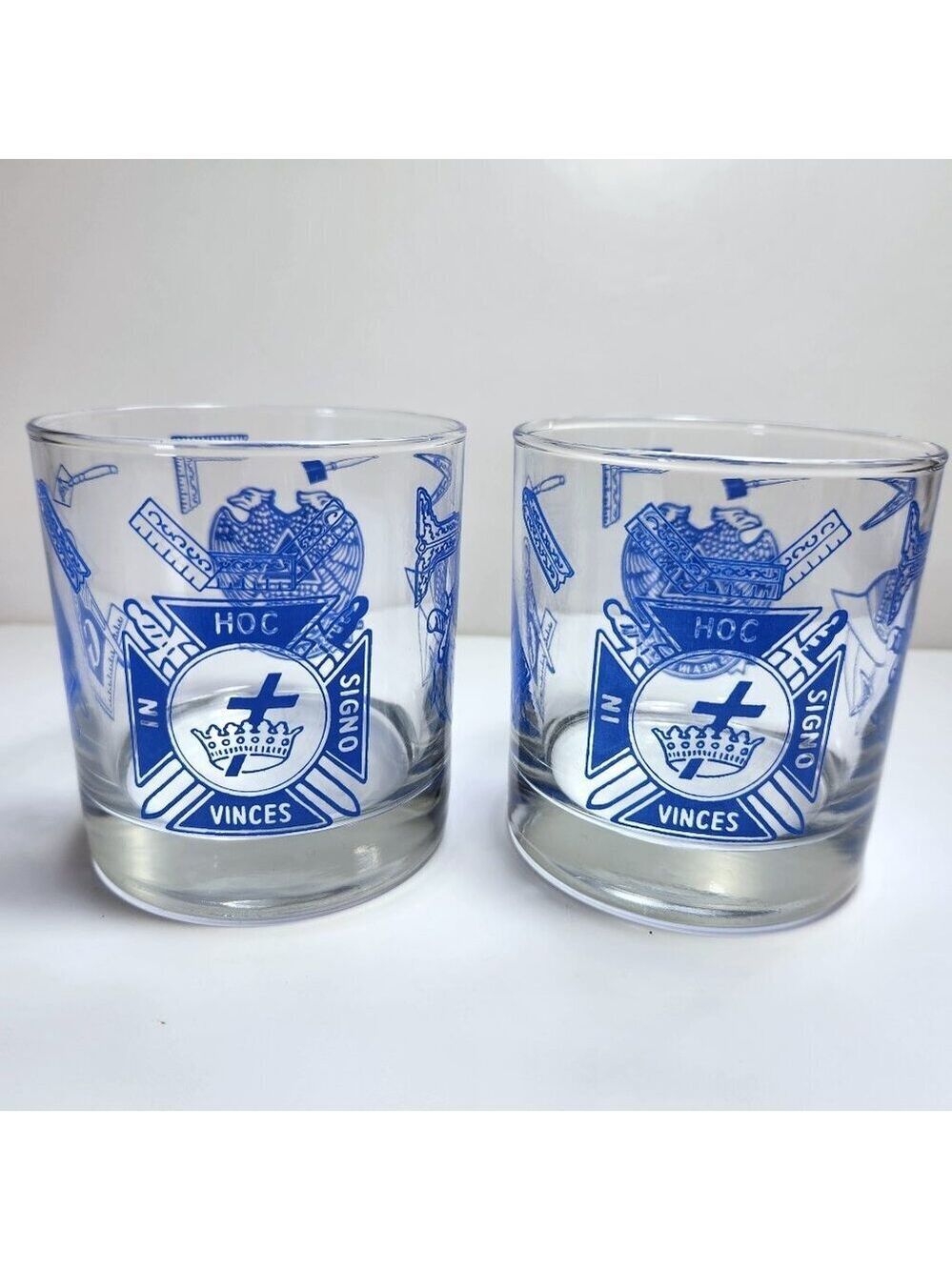 Freemason Rock Glasses Set of 2 Mason Emblems Calipers Squares 32nd Degree
